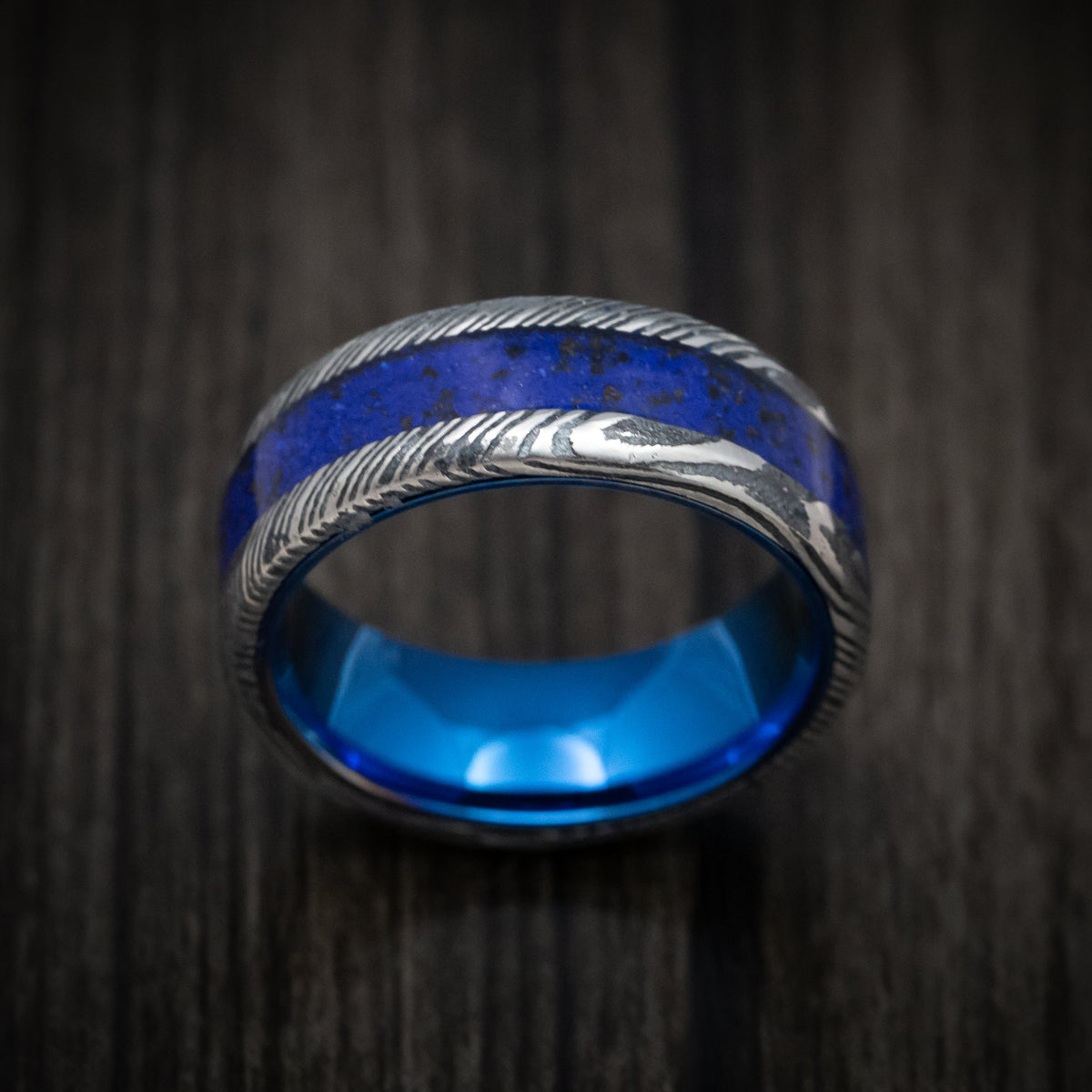 Ranger IX - Woodgrain Kuro Damascus Steel with Anodized Sleeve and Custom Dinosaur Bone and Stone Inlay Wedding Ring - view 2 - Nura Lab