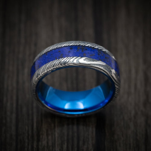 Ranger IX - Woodgrain Kuro Damascus Steel with Anodized Sleeve and Custom Dinosaur Bone and Stone Inlay Wedding Ring - view 2 - Nura Lab