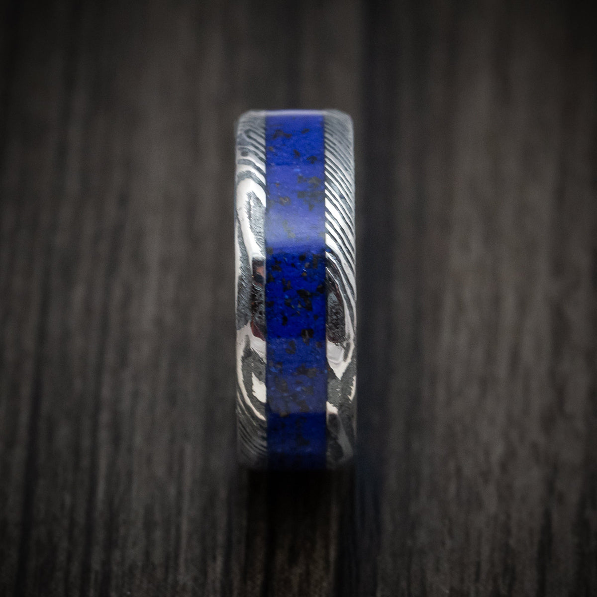 Ranger IX - Woodgrain Kuro Damascus Steel with Anodized Sleeve and Custom Dinosaur Bone and Stone Inlay Wedding Ring - view 3 - Nura Lab