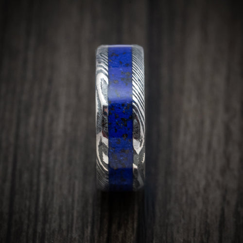 Ranger IX - Woodgrain Kuro Damascus Steel with Anodized Sleeve and Custom Dinosaur Bone and Stone Inlay Wedding Ring - view 3 - Nura Lab