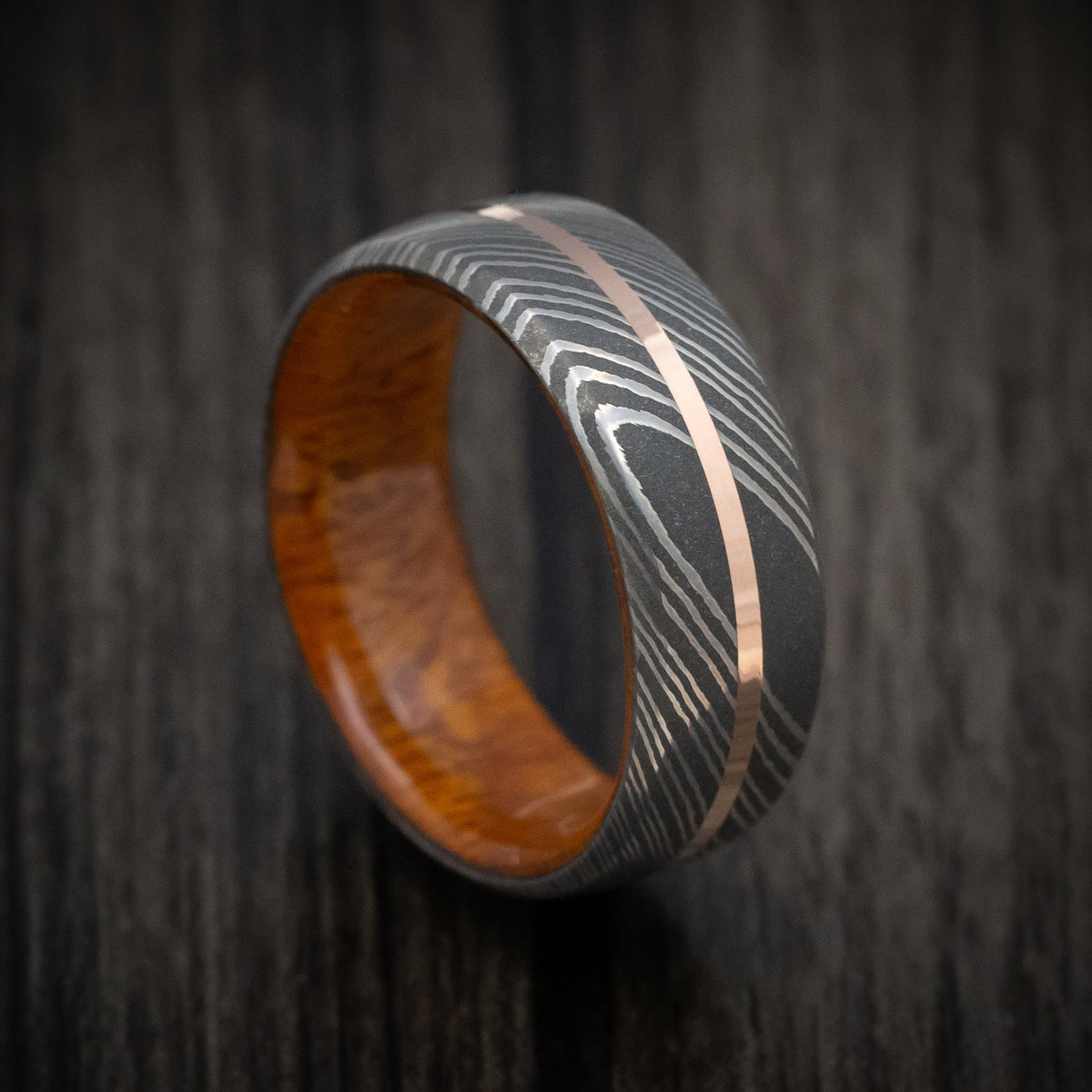 Equinox X - Damascus Steel Men's Wedding Ring with Gold Inlay and Wood Sleeve - Nura Lab