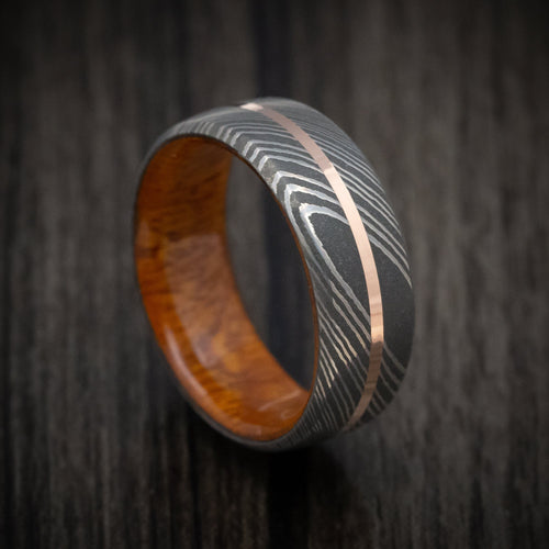 Equinox X - Damascus Steel Men's Wedding Ring with Gold Inlay and Wood Sleeve - Nura Lab
