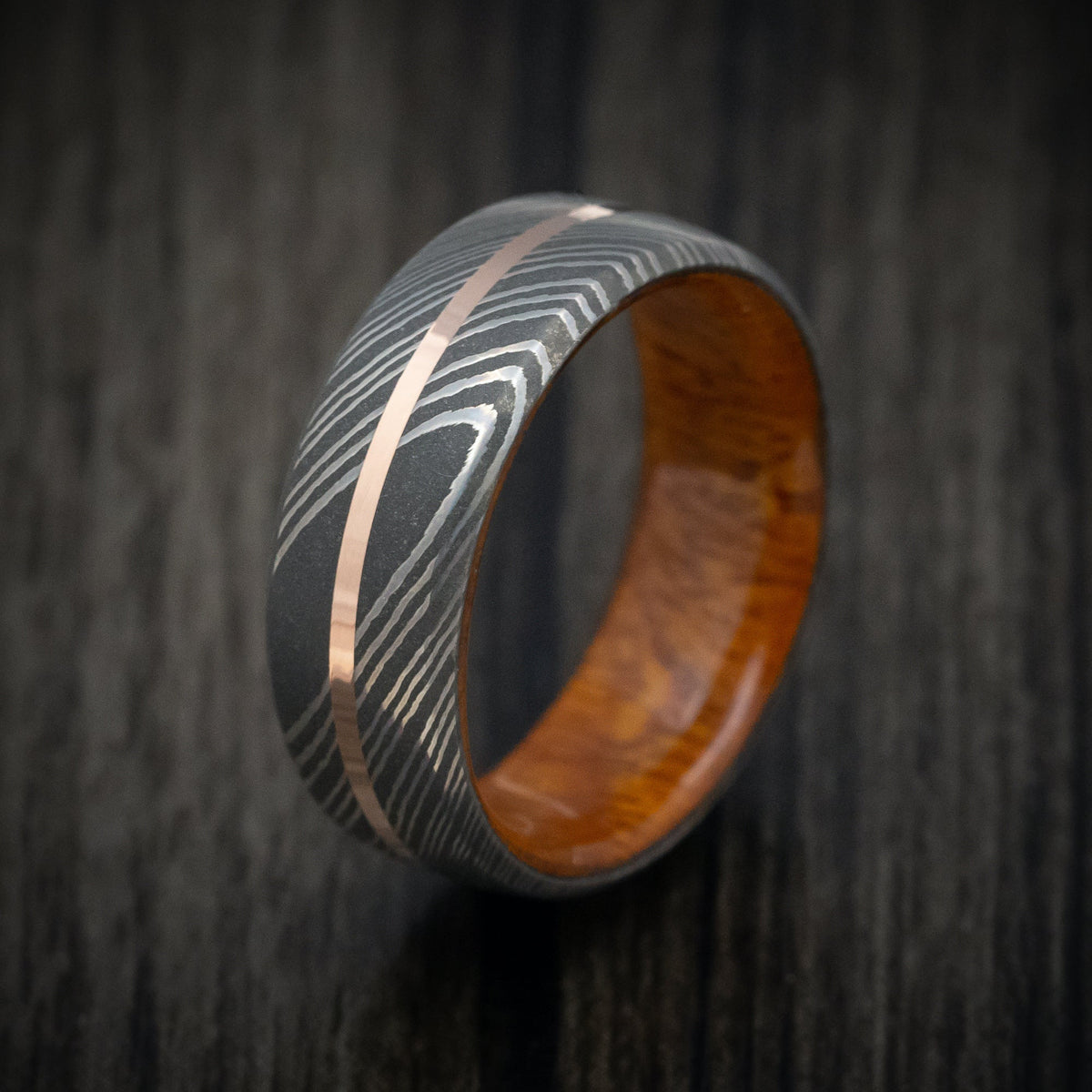Equinox X - Damascus Steel Men's Wedding Ring with Gold Inlay and Wood Sleeve - view 4 - Nura Lab