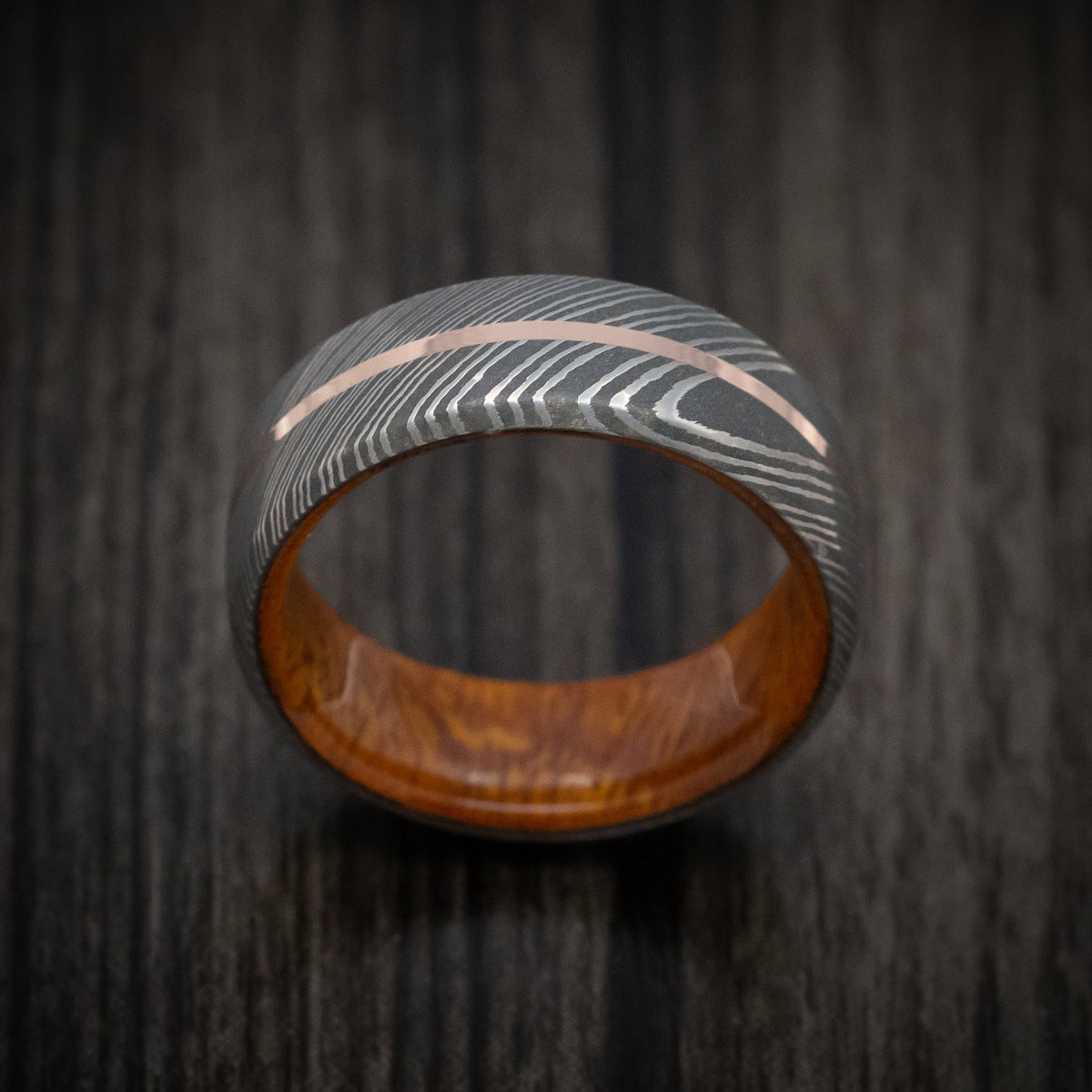 Equinox X - Damascus Steel Men's Wedding Ring with Gold Inlay and Wood Sleeve - view 2 - Nura Lab