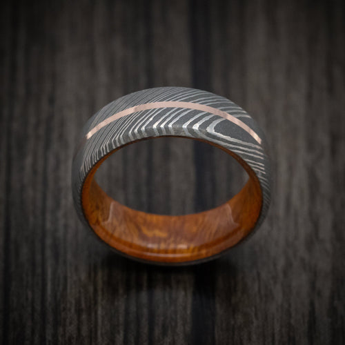 Equinox X - Damascus Steel Men's Wedding Ring with Gold Inlay and Wood Sleeve - view 2 - Nura Lab