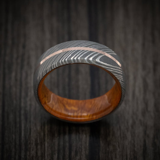Equinox X - Damascus Steel Men's Wedding Ring with Gold Inlay and Wood Sleeve - view 2 - Nura Lab