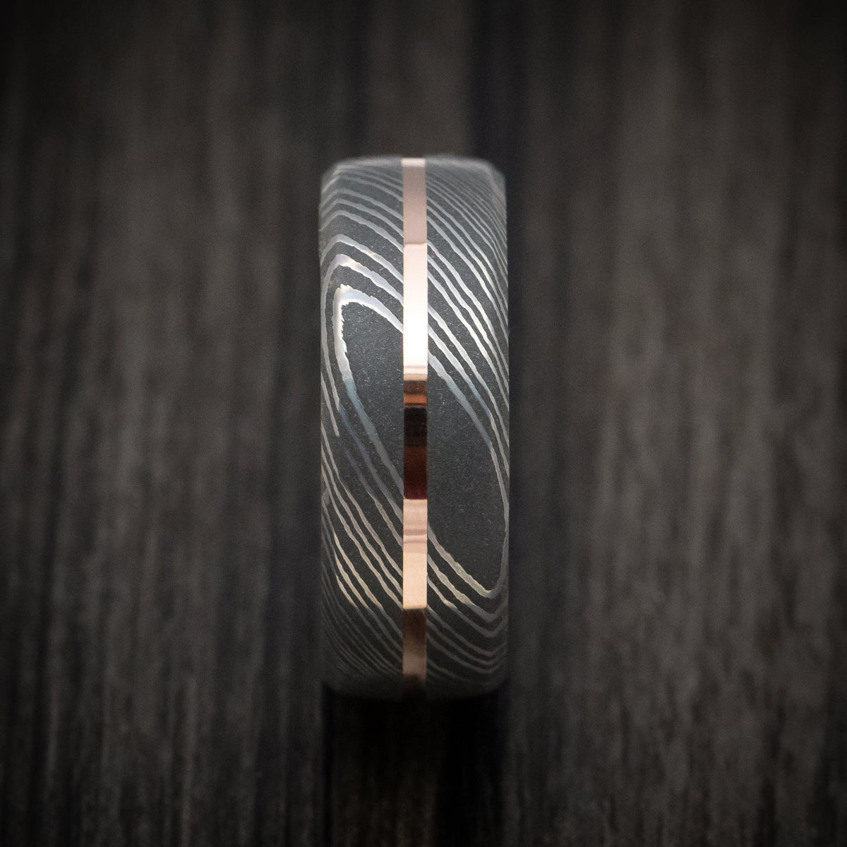 Equinox X - Damascus Steel Men's Wedding Ring with Gold Inlay and Wood Sleeve - view 3 - Nura Lab