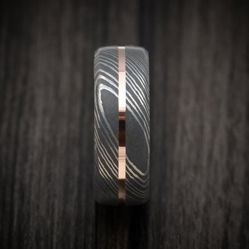 Equinox X - Damascus Steel Men's Wedding Ring with Gold Inlay and Wood Sleeve - view 3 - Nura Lab