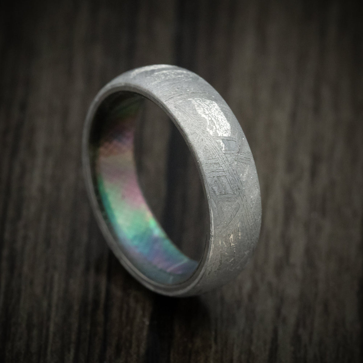 Pioneer XVII - Gibeon Meteorite Men's Wedding Ring with Black Mother of Pearl Shell Sleeve - Nura Lab