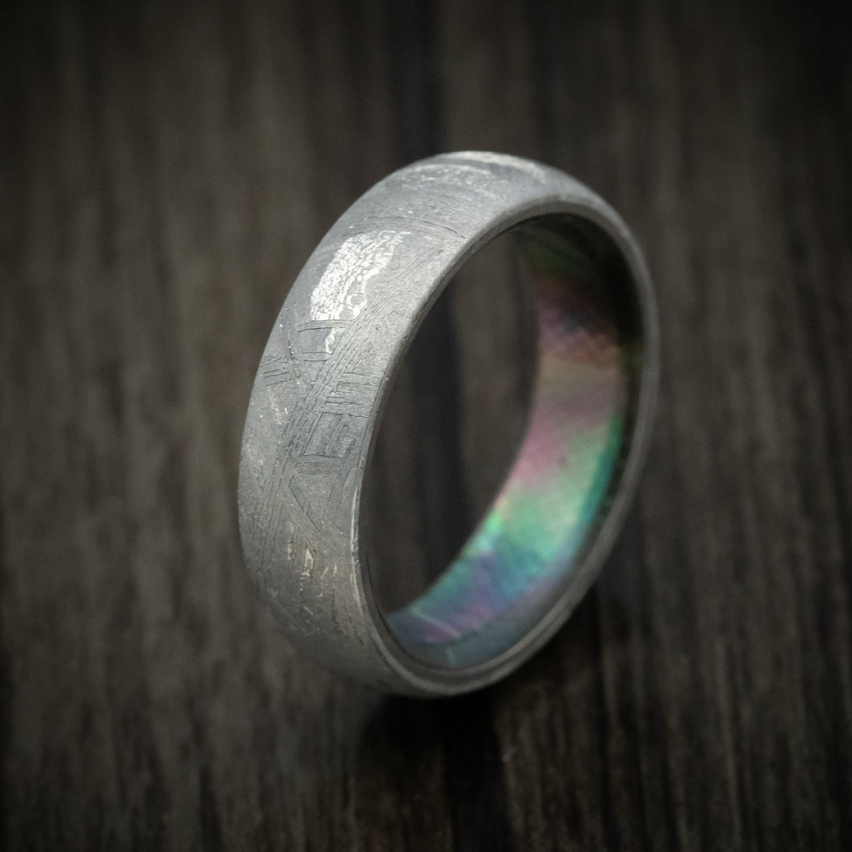 Pioneer XVII - Gibeon Meteorite Men's Wedding Ring with Black Mother of Pearl Shell Sleeve - view 3 - Nura Lab