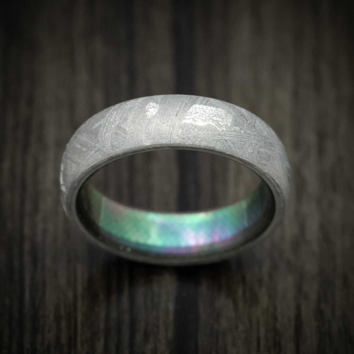 Pioneer XVII - Gibeon Meteorite Men's Wedding Ring with Black Mother of Pearl Shell Sleeve - view 2 - Nura Lab