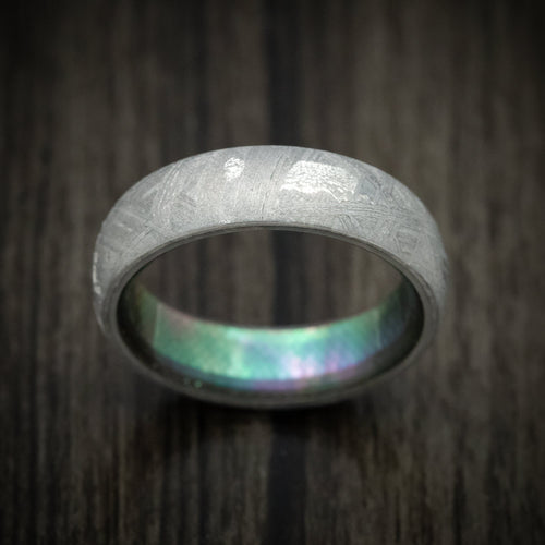 Pioneer XVII - Gibeon Meteorite Men's Wedding Ring with Black Mother of Pearl Shell Sleeve - view 2 - Nura Lab