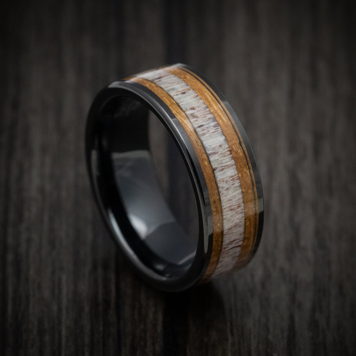 Augustus XII - Black Tungsten Men's Wedding Ring with Whiskey Barrel Wood and Antler Inlays - Nura Lab