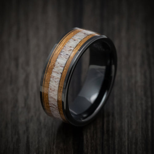 Augustus XII - Black Tungsten Men's Wedding Ring with Whiskey Barrel Wood and Antler Inlays - view 4 - Nura Lab