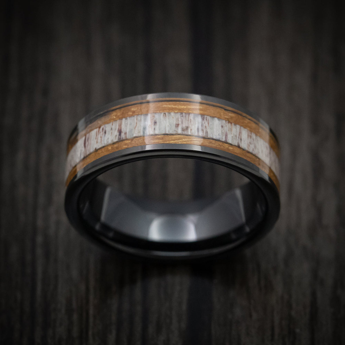 Augustus XII - Black Tungsten Men's Wedding Ring with Whiskey Barrel Wood and Antler Inlays - view 2 - Nura Lab