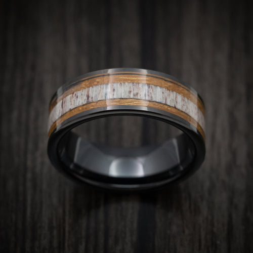 Augustus XII - Black Tungsten Men's Wedding Ring with Whiskey Barrel Wood and Antler Inlays - view 2 - Nura Lab