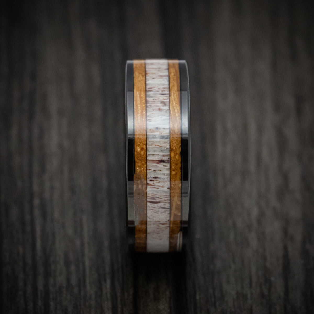 Augustus XII - Black Tungsten Men's Wedding Ring with Whiskey Barrel Wood and Antler Inlays - view 3 - Nura Lab