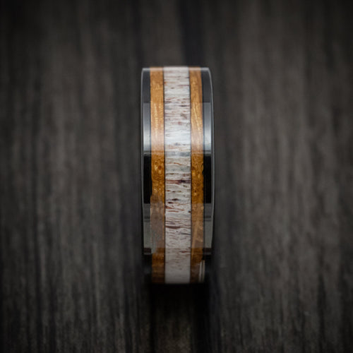 Augustus XII - Black Tungsten Men's Wedding Ring with Whiskey Barrel Wood and Antler Inlays - view 3 - Nura Lab