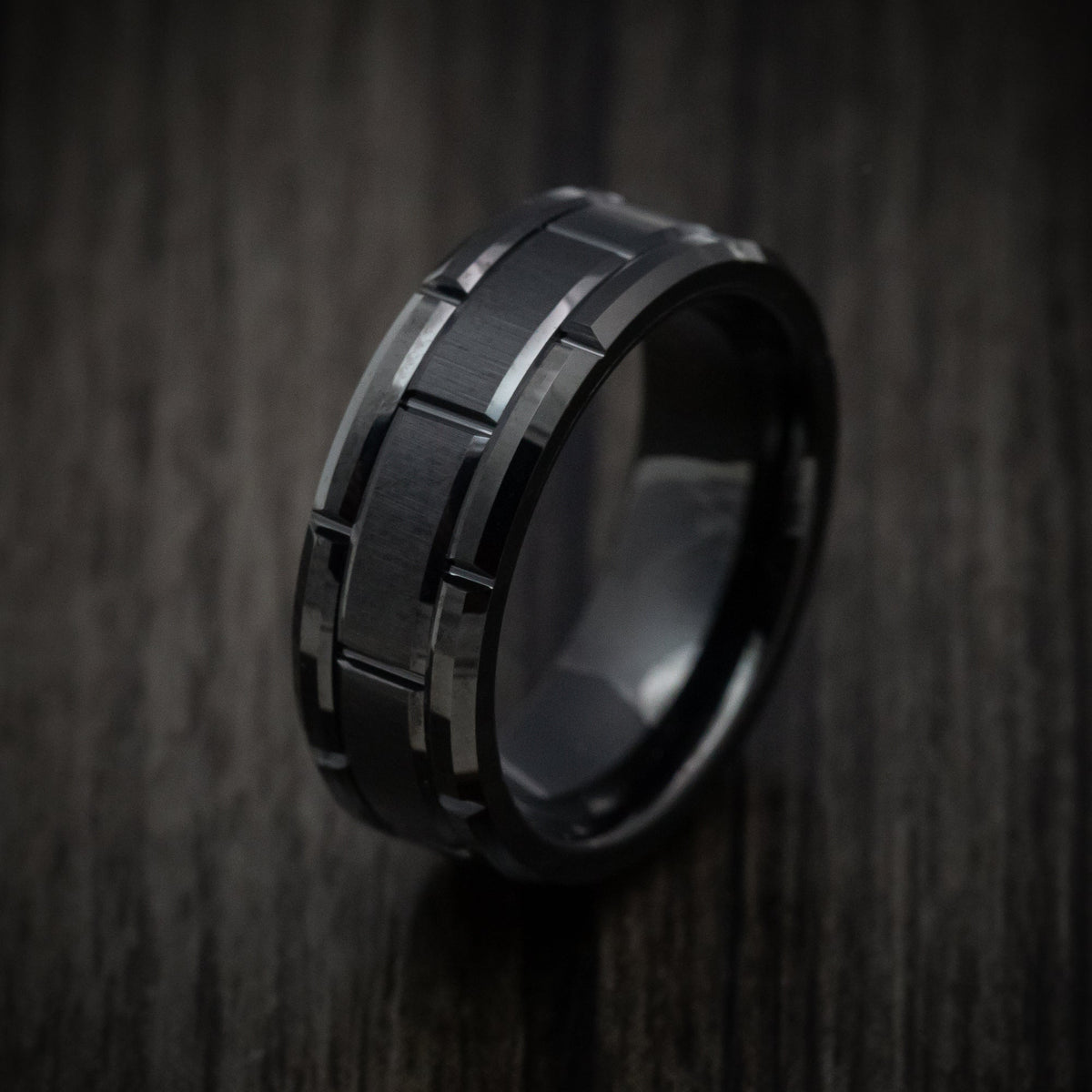 Noble XV - Black Tungsten Men's Wedding Ring with Brick Design Band - view 3 - Nura Lab
