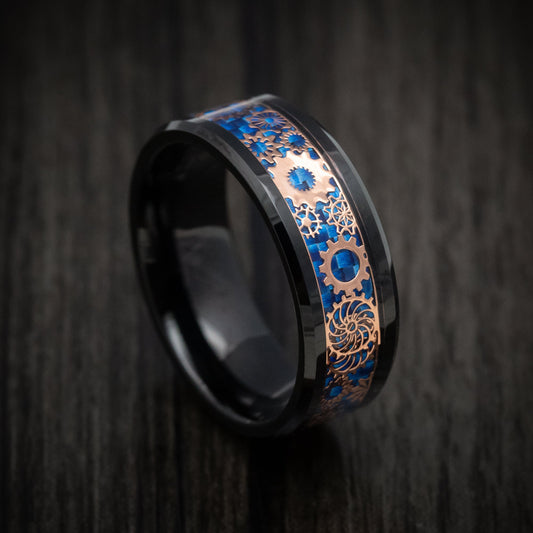 Voyager XIV - Black Tungsten Men's Wedding Ring with Blue Carbon Fiber and Mechanical Pattern - Nura Lab