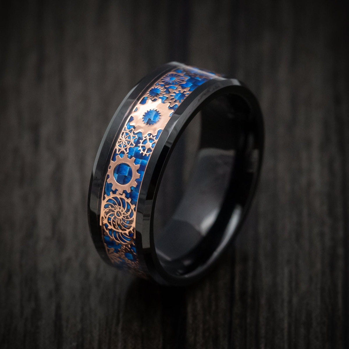 Voyager XIV - Black Tungsten Men's Wedding Ring with Blue Carbon Fiber and Mechanical Pattern - view 4 - Nura Lab