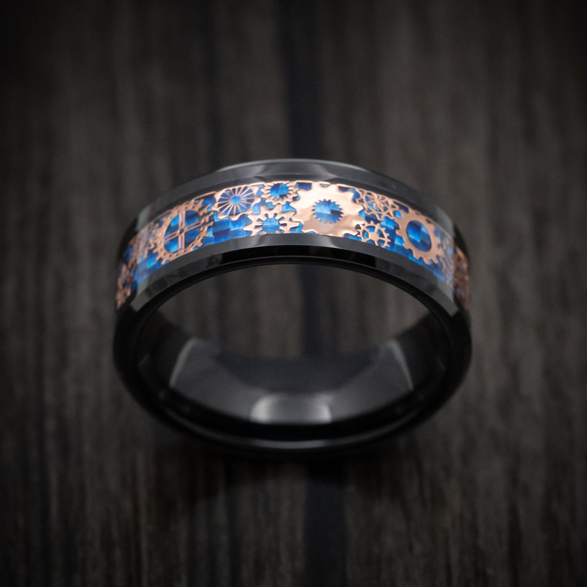 Voyager XIV - Black Tungsten Men's Wedding Ring with Blue Carbon Fiber and Mechanical Pattern - view 2 - Nura Lab