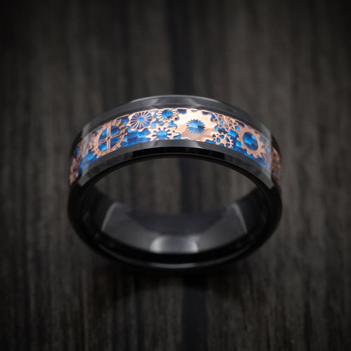 Voyager XIV - Black Tungsten Men's Wedding Ring with Blue Carbon Fiber and Mechanical Pattern - view 2 - Nura Lab