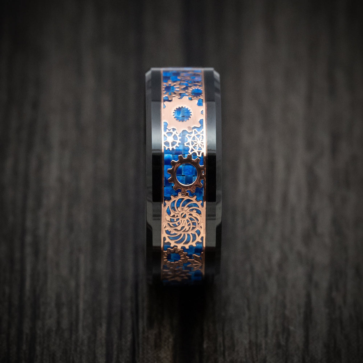 Voyager XIV - Black Tungsten Men's Wedding Ring with Blue Carbon Fiber and Mechanical Pattern - view 3 - Nura Lab