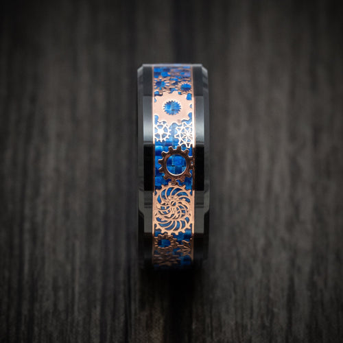 Voyager XIV - Black Tungsten Men's Wedding Ring with Blue Carbon Fiber and Mechanical Pattern - view 3 - Nura Lab