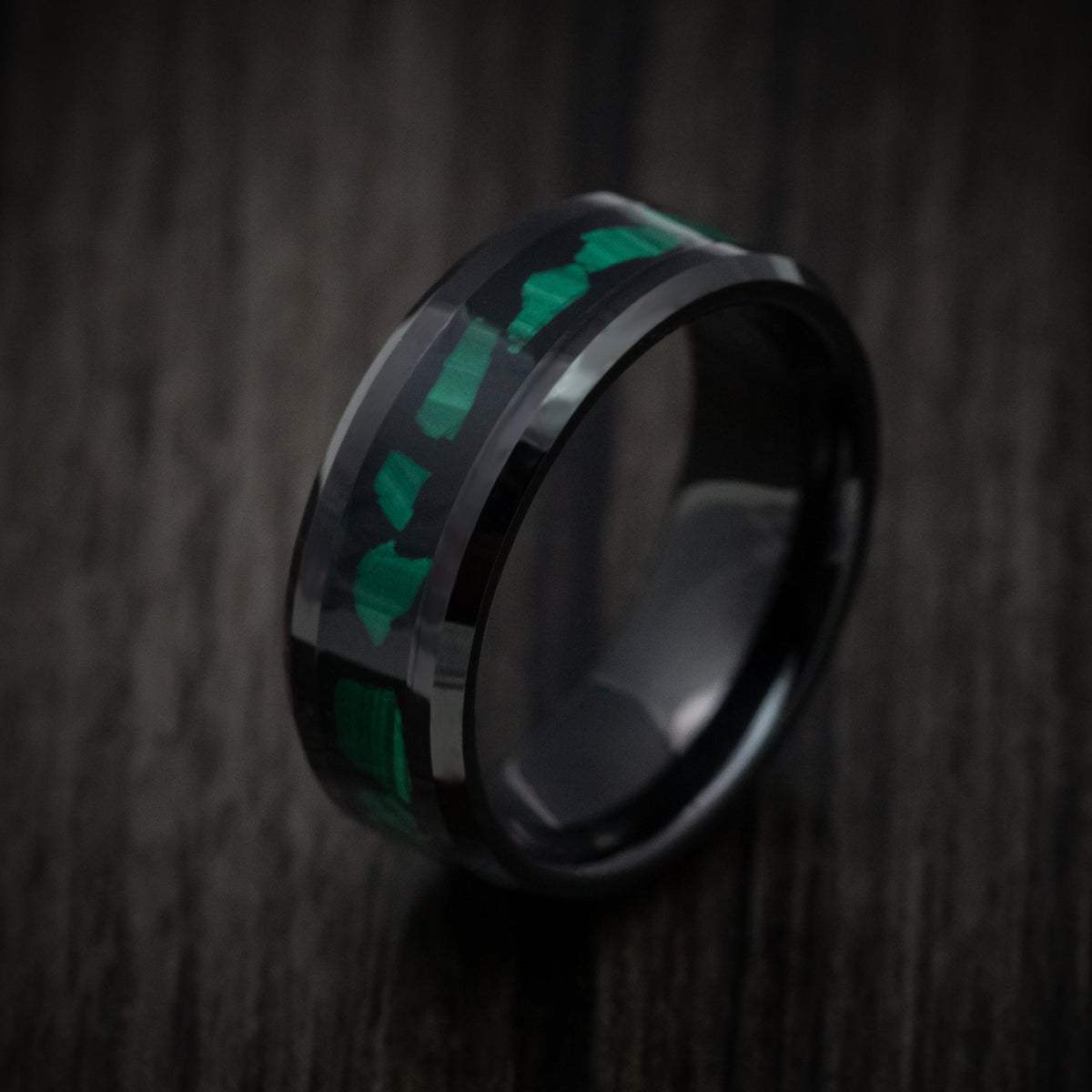 Slate XVI - Black Tungsten Men's Wedding Ring with Malachite Inlay - view 4 - Nura Lab
