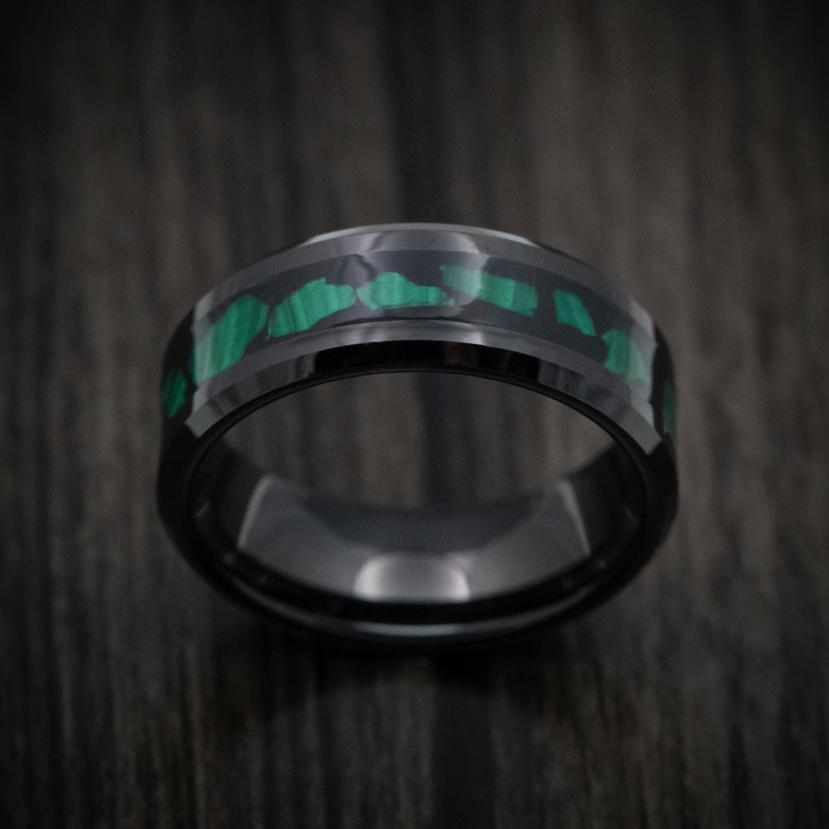 Slate XVI - Black Tungsten Men's Wedding Ring with Malachite Inlay - view 2 - Nura Lab