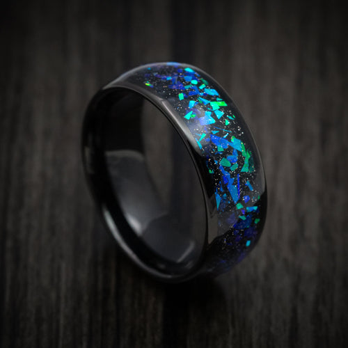 Rimu XV - Black Tungsten Men's Wedding Ring with Opal and Abalone Inlay - Nura Lab