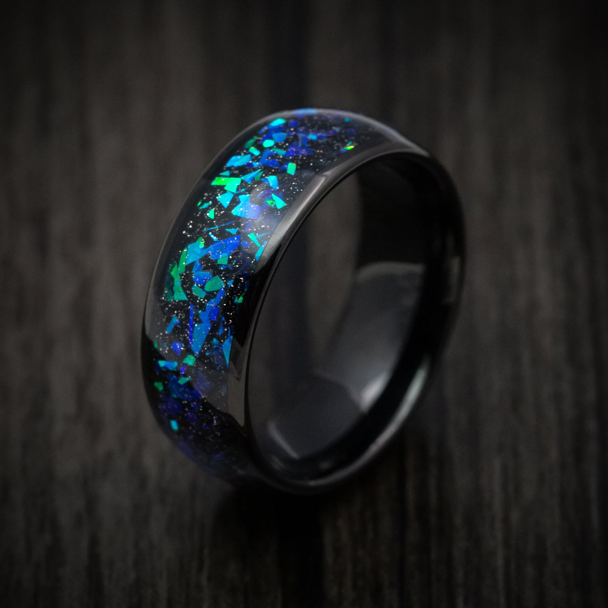 Rimu XV - Black Tungsten Men's Wedding Ring with Opal and Abalone Inlay - view 4 - Nura Lab