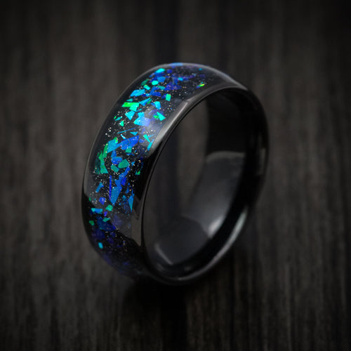 Rimu XV - Black Tungsten Men's Wedding Ring with Opal and Abalone Inlay - view 4 - Nura Lab