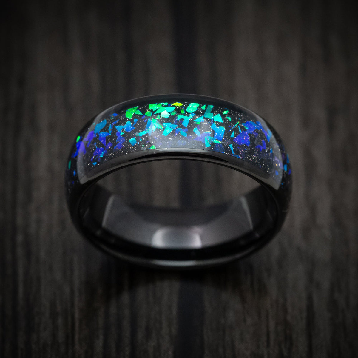 Rimu XV - Black Tungsten Men's Wedding Ring with Opal and Abalone Inlay - view 2 - Nura Lab