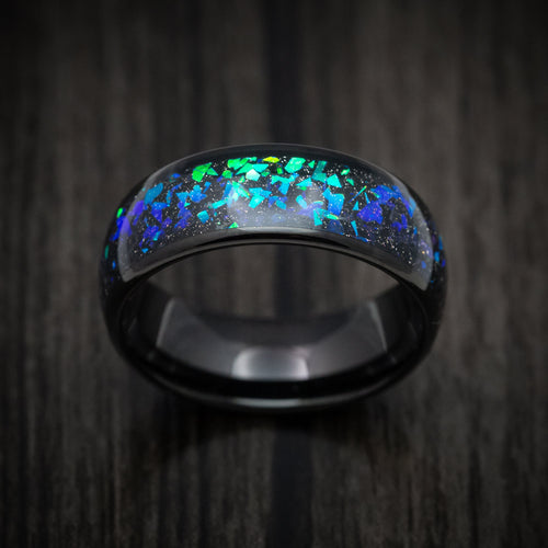 Rimu XV - Black Tungsten Men's Wedding Ring with Opal and Abalone Inlay - view 2 - Nura Lab