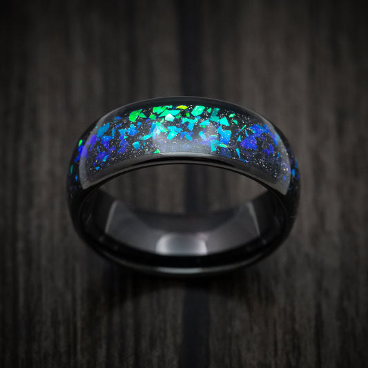 Rimu XV - Black Tungsten Men's Wedding Ring with Opal and Abalone Inlay - view 2 - Nura Lab