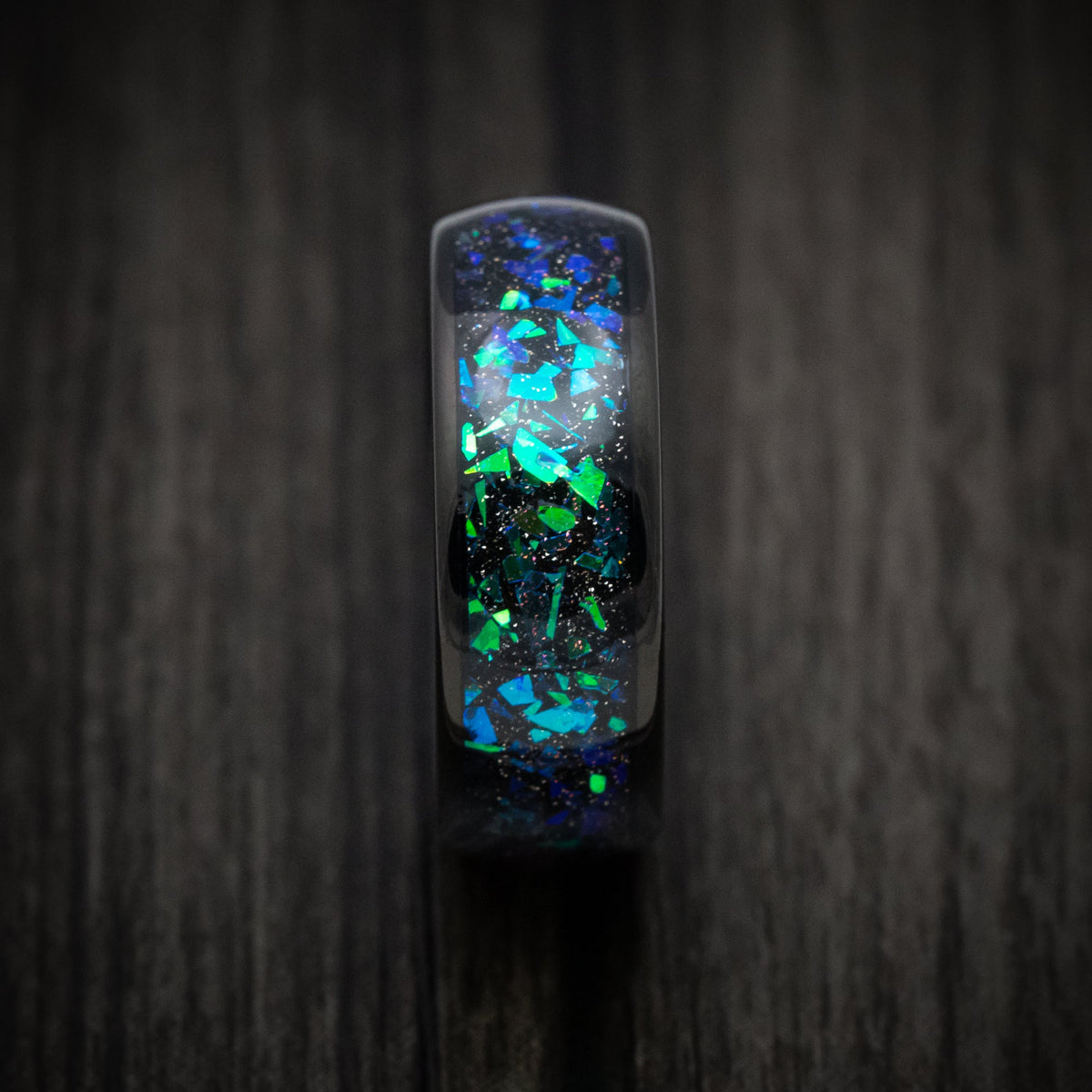 Rimu XV - Black Tungsten Men's Wedding Ring with Opal and Abalone Inlay - view 3 - Nura Lab