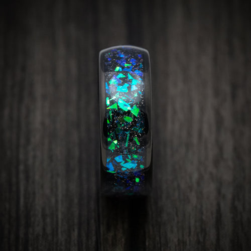 Rimu XV - Black Tungsten Men's Wedding Ring with Opal and Abalone Inlay - view 3 - Nura Lab