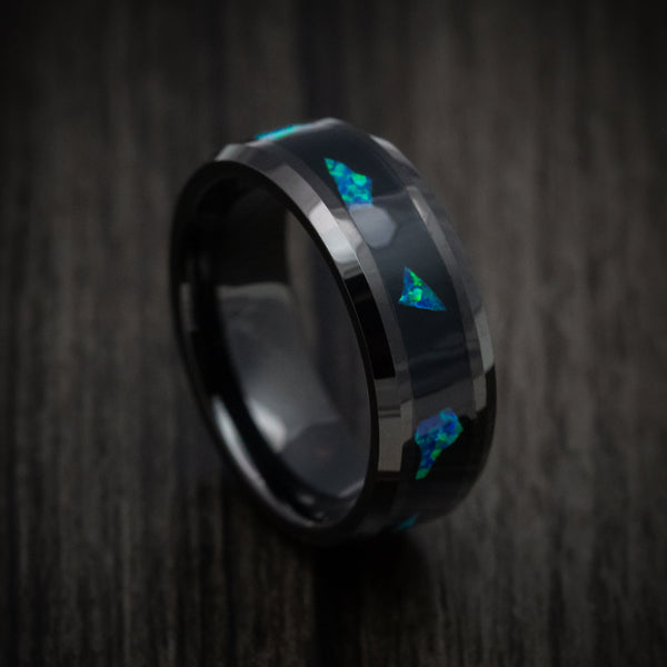 Baron XVI - Black Tungsten Men's Wedding Ring with Opal Chunk Inlay