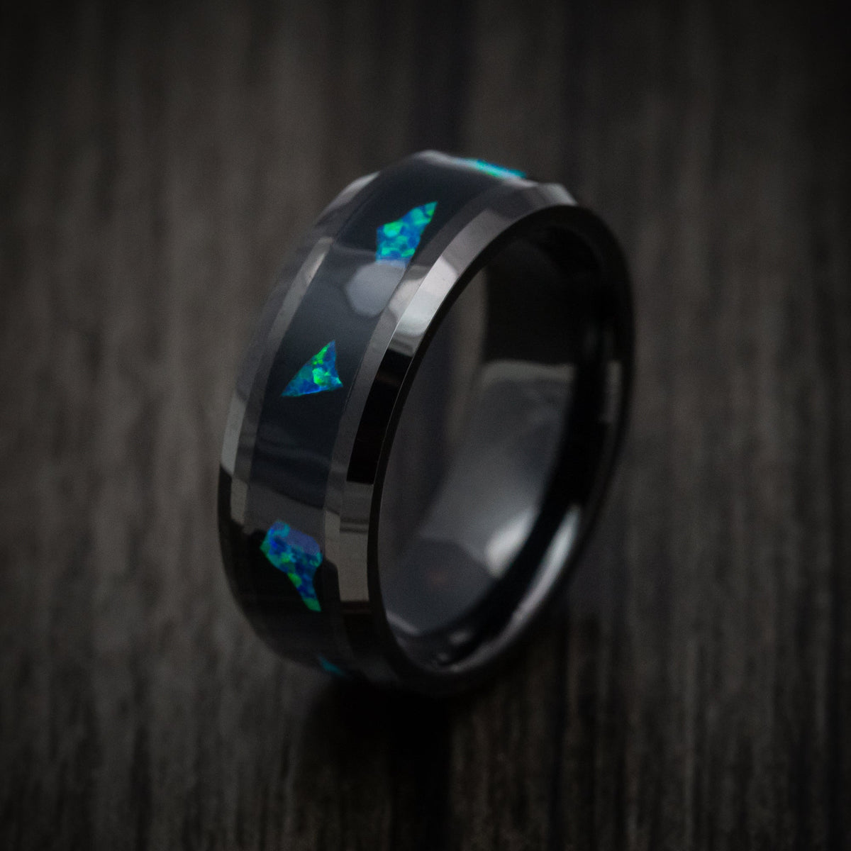 Baron XVI - Black Tungsten Men's Wedding Ring with Opal Chunk Inlay - view 4 - Nura Lab