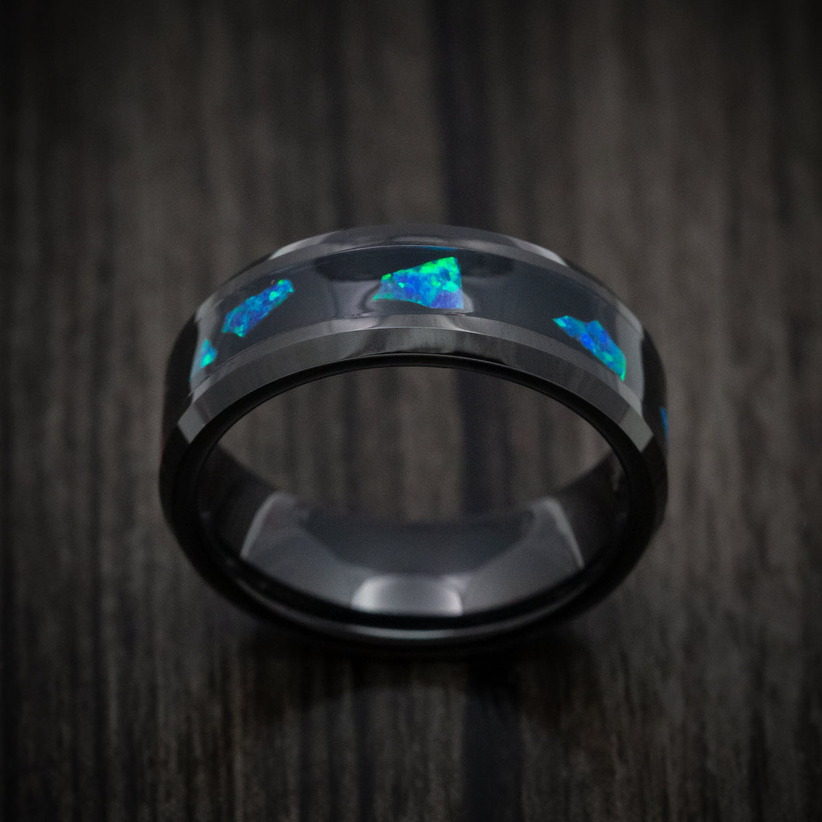 Baron XVI - Black Tungsten Men's Wedding Ring with Opal Chunk Inlay - view 2 - Nura Lab