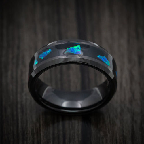 Baron XVI - Black Tungsten Men's Wedding Ring with Opal Chunk Inlay - view 2 - Nura Lab