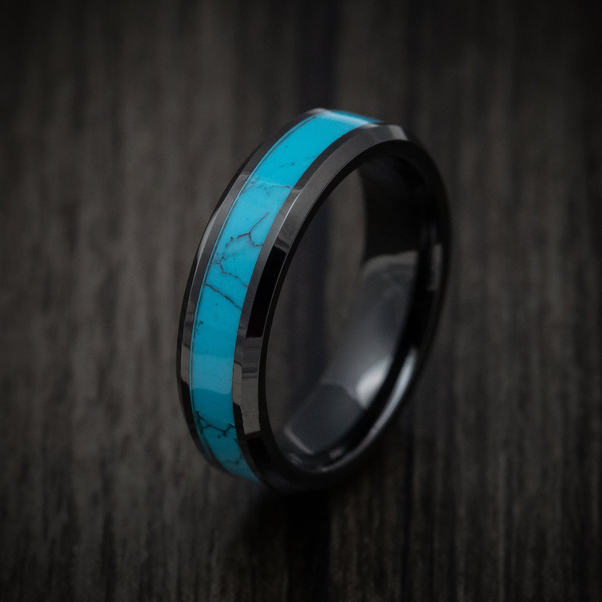 Flint XVI - Black Tungsten Men's Wedding Ring with Turquoise Inlay - view 4 - Nura Lab