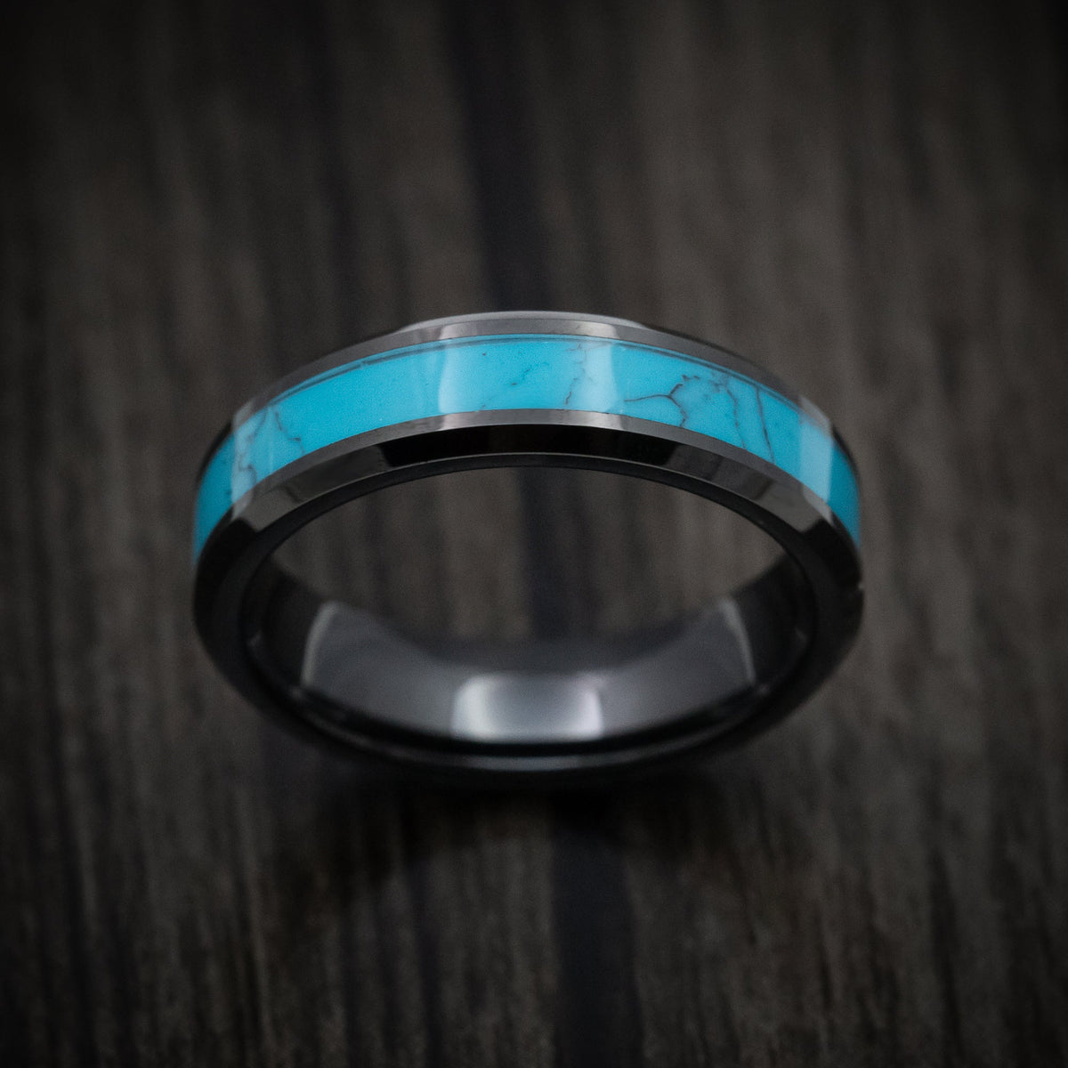 Flint XVI - Black Tungsten Men's Wedding Ring with Turquoise Inlay - view 2 - Nura Lab