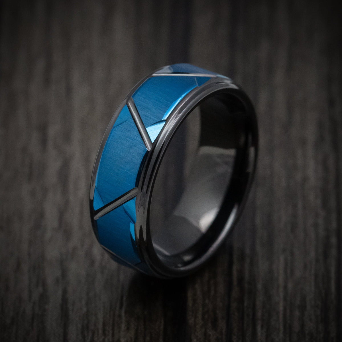 Admiral XV - Black Tungsten Men's Wedding Ring with Anodized Blue Accents Band - view 4 - Nura Lab