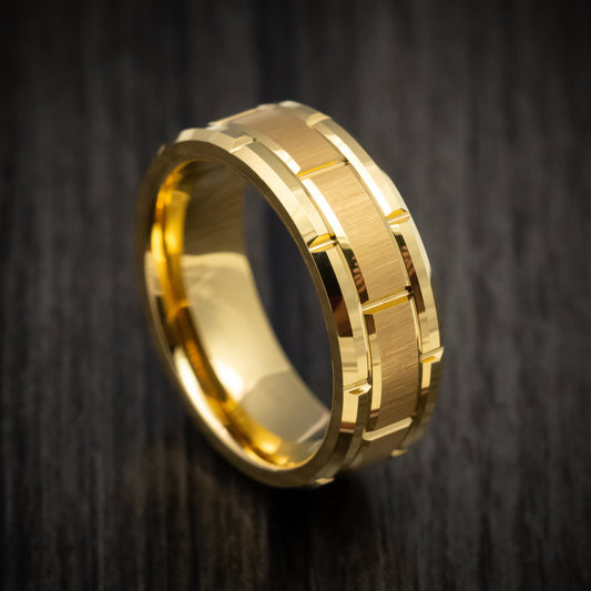 Stronghold XV - Golden Tungsten Men's Wedding Ring with Brick Design Band - Nura Lab