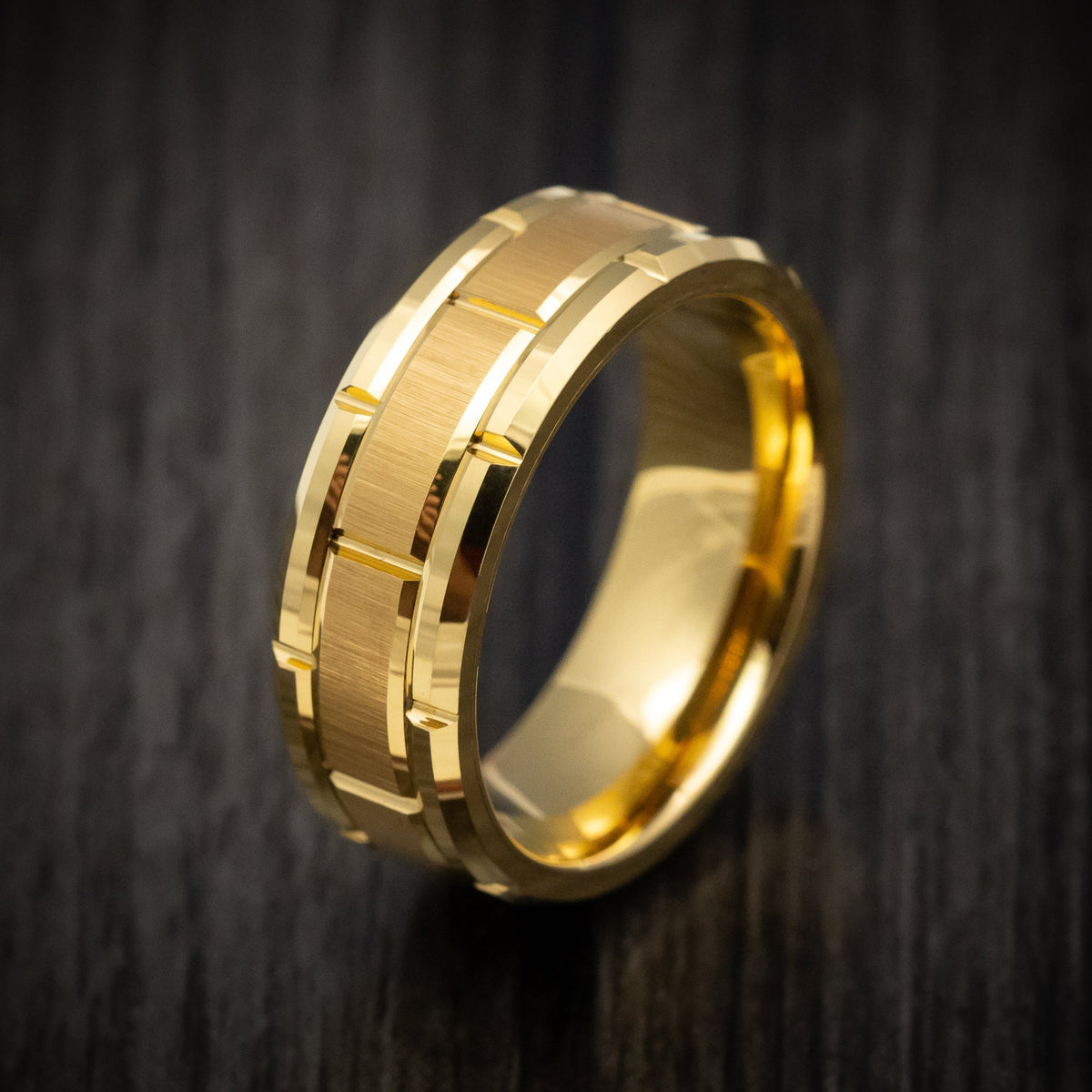 Stronghold XV - Golden Tungsten Men's Wedding Ring with Brick Design Band - view 4 - Nura Lab