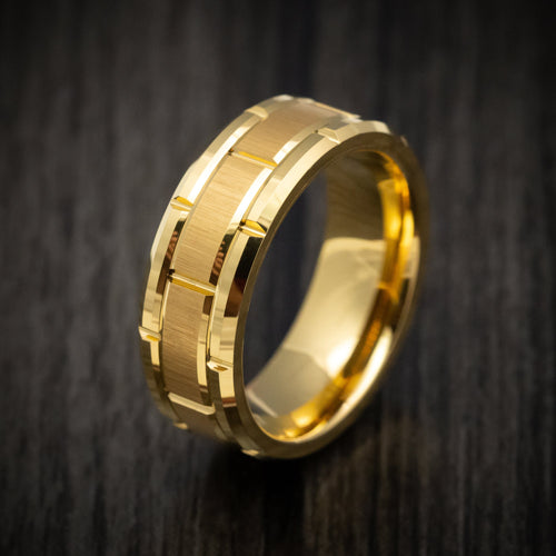 Stronghold XV - Golden Tungsten Men's Wedding Ring with Brick Design Band - view 4 - Nura Lab