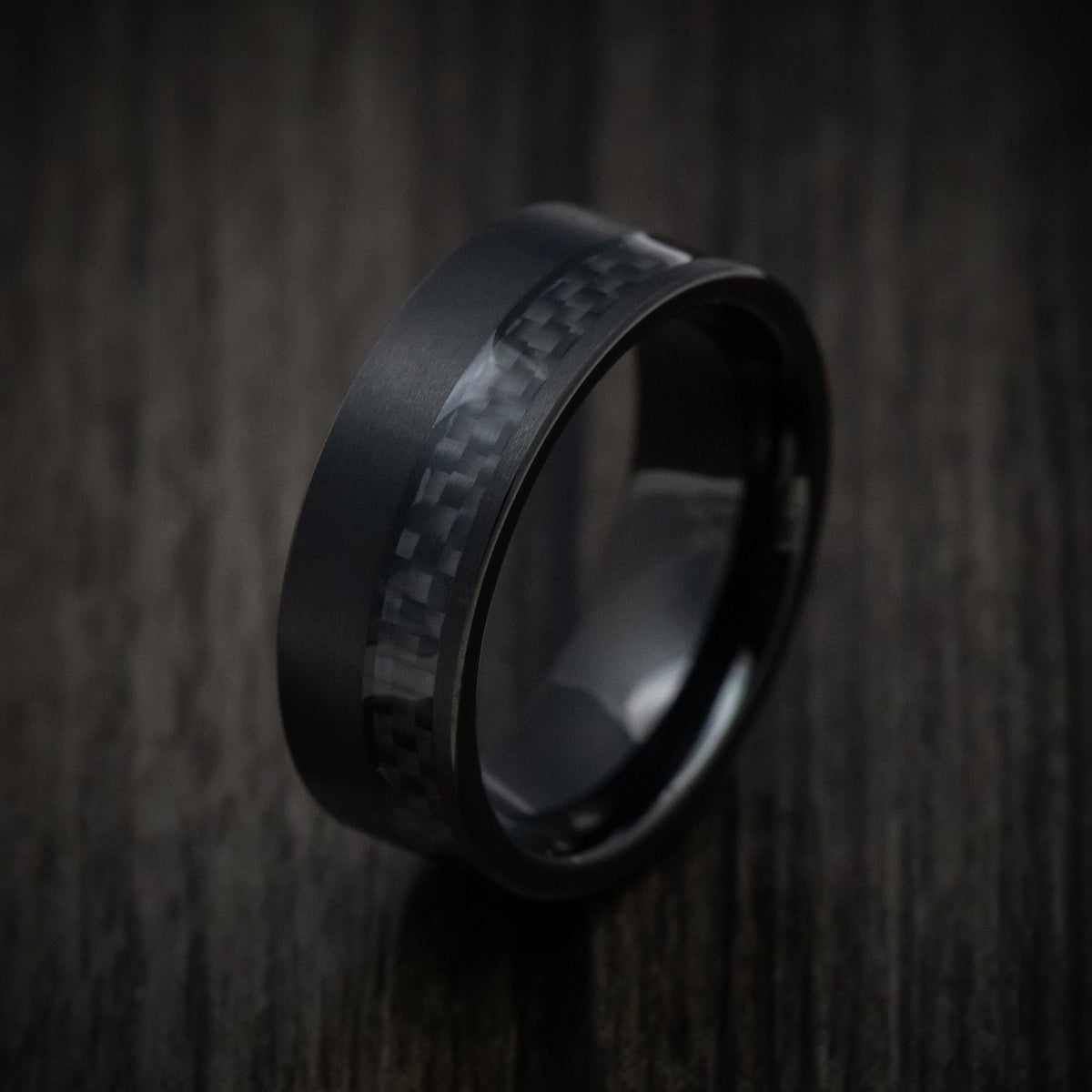 Captain XIV - Black Tungsten Men's Wedding Ring with Black Carbon Fiber Inlay Band - view 4 - Nura Lab